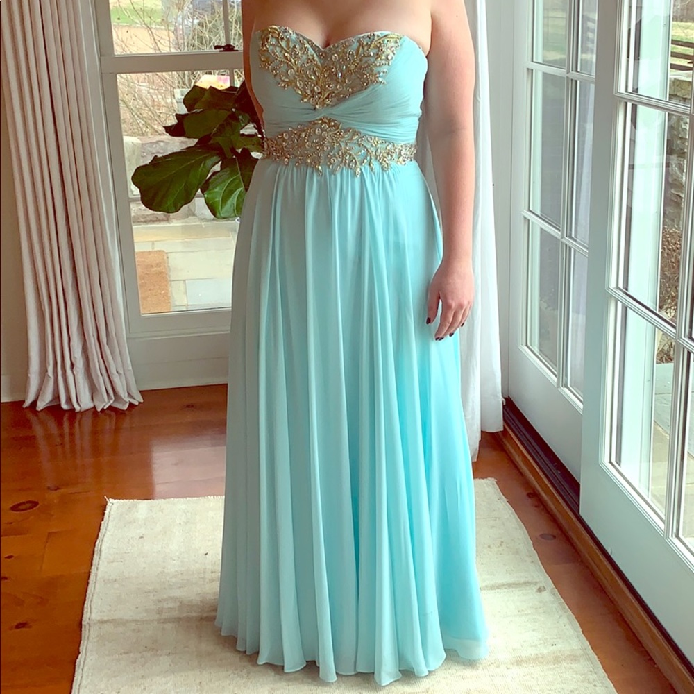 Sherri Hill light turquoise prom dress